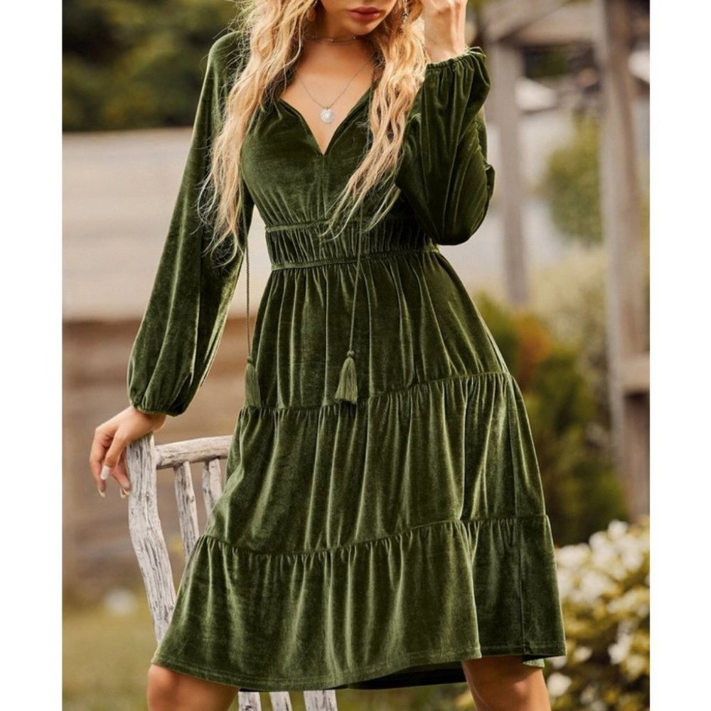 Green OliveBoho Tie Neck detail Lantern Sleeved Velvet Cottagecore Dress - Picture 6 of 7